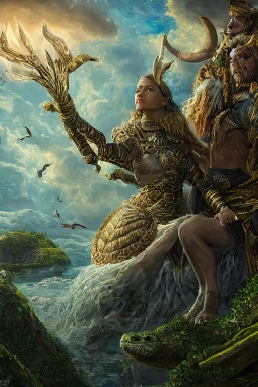 Image similar to A fantasy book style portrait painting of the Great Turtle Island at the center of the Universe, accompanied by a hybrid, Anya_Taylor-Joy, Cory Chase, Eva Green, as a Mystical Valkyrie, Anubis-Reptilian, Atlantean Warrior, François Boucher, Oil Painting, unreal 5, DAZ, hyperrealistic, octane render, Regal, Refined, Detailed Digital Art, RPG portrait, Walt Disney (1937), William-Adolphe Bouguereau, Michael Cheval, Steampunk, Volumetric Golden dappled dynamic lighting, Highly Detailed, Cinematic Lighting, Unreal Engine, 8k, HD