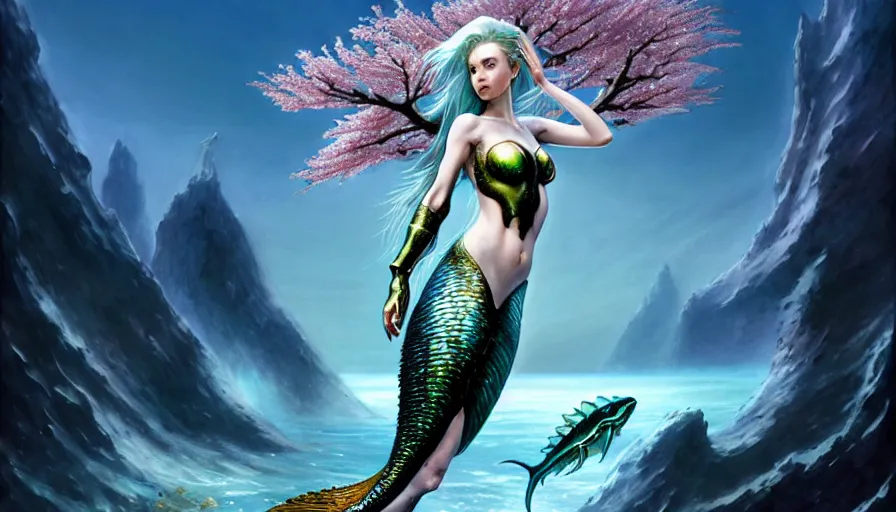 Image similar to a beautiful mermaid wearing metal armor, alien fish attack in the style of roger dean, realistic, sharp focus, 8 k high definition, insanely detailed, intricate, elegant, art by greg rutkowski and artgerm, extreme blur cherry blossoms background