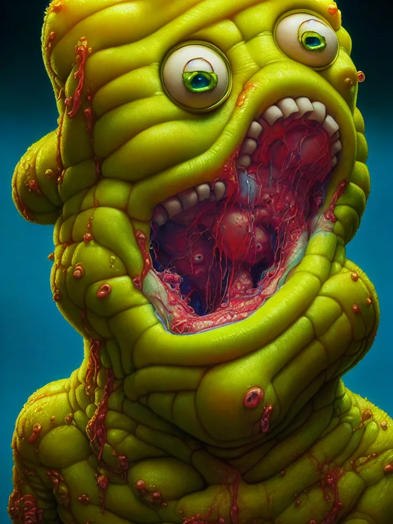 Image similar to hyperrealistic rendering, fat smooth cronenberg flesh monster spongebob by donato giancola and greg rutkowski and wayne barlow and zdzisław beksinski, product photography, action figure, sofubi, studio lighting, colored gels, colored background