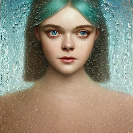 Prompt: professional painting of Elle Fanning behind teal transparent glass in the style of Dino Valls, head and shoulders portrait, symmetrical facial features, smooth, sharp focus, illustration, intricate, stormy weather, extremely detailed masterpiece,