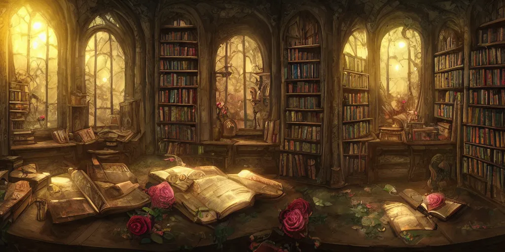 Prompt: magic library, magic, birds, roses, fairy tale, evening lights, highly detailed, low angle view, artstation, mysterious, comfort, in the style of aetherpunk