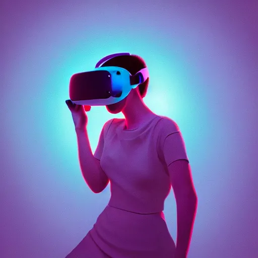 Image similar to digital art of a woman playing with a vr headset in a cyan and purple lit room greg rutkowski style