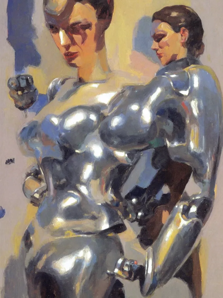 Prompt: a Royal portrait of chrome android woman as illustrated by Gregory Manchess. 1991. Oil on panel. Museum Quality Scan.