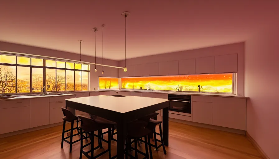 Image similar to a photo of aurora borealis localized entirely within my kitchen, the house is on fire, color photography, high quality, volumetric light, beautiful, 4 k