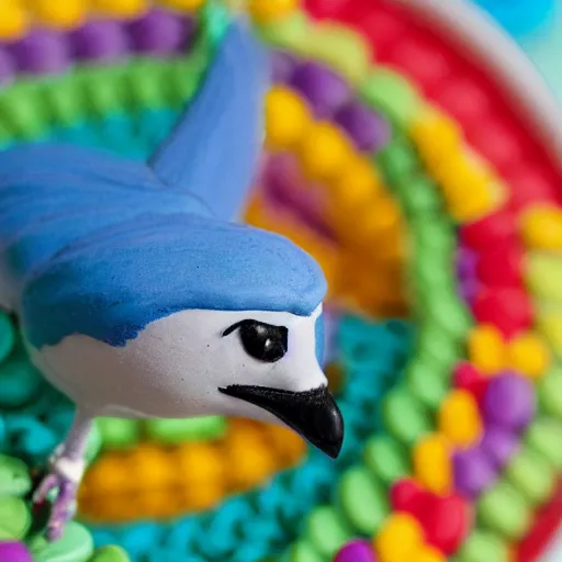 Image similar to A blue jay standing on a large basket of rainbow macarons.