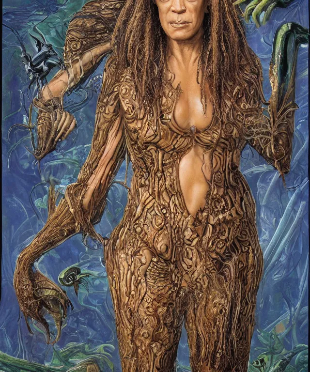 Prompt: a portrait photograph of a fierce kamala harris as an alien harpy queen with slimy amphibian skin. she is trying on a black latex bulbous slimy organic membrane parasitic catsuit and transforming into an insectoid amphibian. by donato giancola, walton ford, ernst haeckel, brian froud, hr giger. 8 k, cgsociety