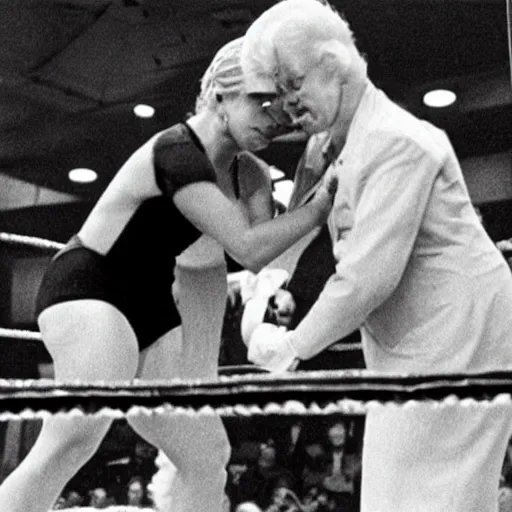 Image similar to queen elizabeth ii fighting in a wwe wrestling ring