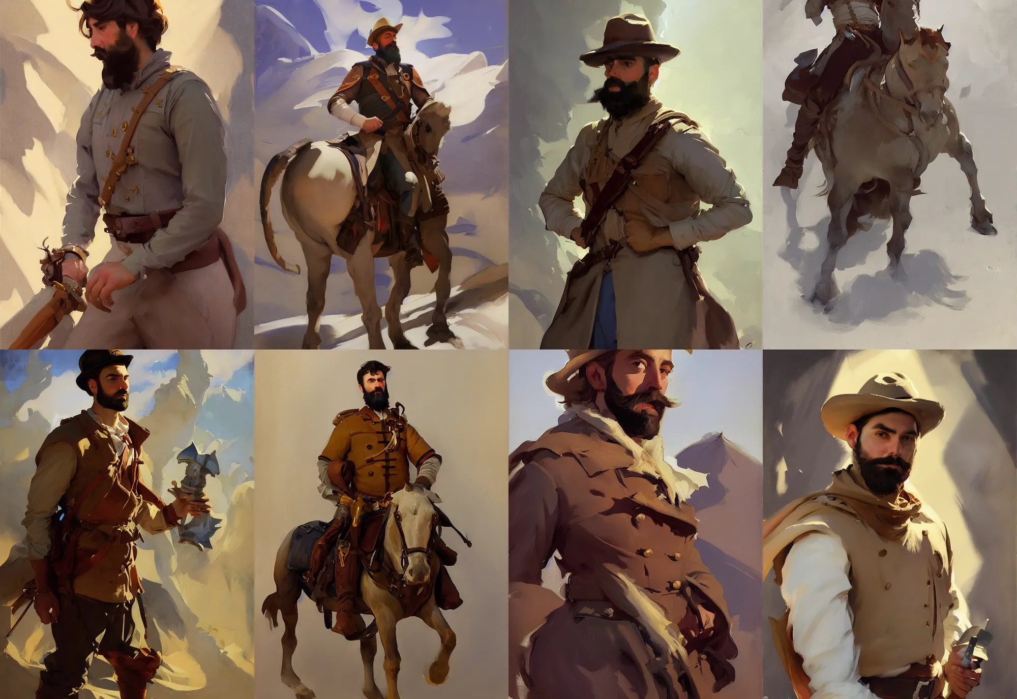 Prompt: portrait of spain italian young bearded men jodhpurs hyperborea winter traveler treasure hunter greg manchess painting by sargent and leyendecker, fantasy, medium shot, asymmetrical, intricate, elegant, matte painting, illustration, hearthstone, by rhads, by greg rutkowski, by greg tocchini, by james gilleard, by joe fenton