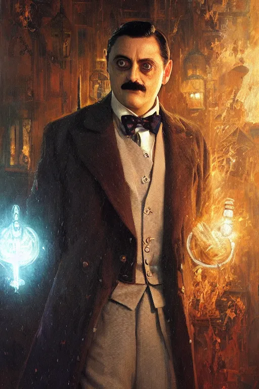 Image similar to gomez addams as doctor who, radiant light, caustics, heroic, bright iridescent light, by gaston bussiere, bayard wu, greg rutkowski, maxim verehin bloom dramatic lighting