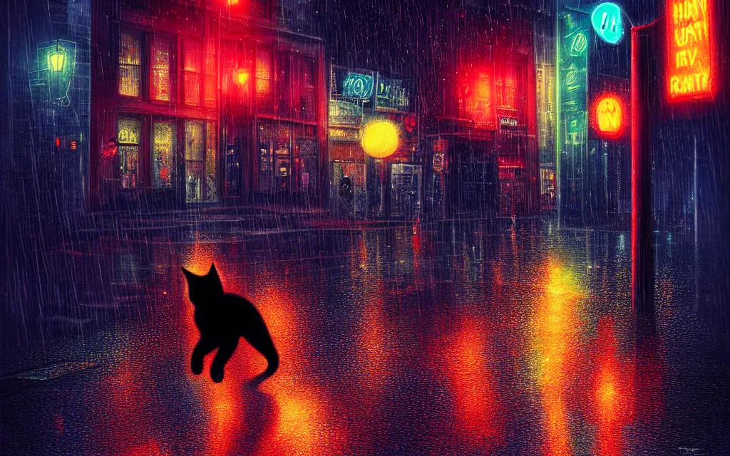 Image similar to black cat running through heavy rain in an emprty neon lit street at night by wlop, ultra detailed color art, high detail, digital art