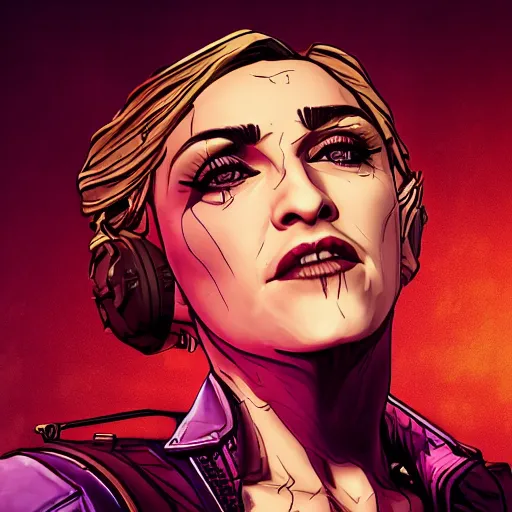 Image similar to madonna portrait, borderlands, tales from the borderlands, the wolf among us, comic, cinematic lighting, studio quality, 8 k