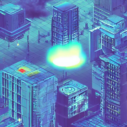 Prompt: a low-poly isometric digital matte painting of a large and dramatic nuclear blast cloud above a urban cyberpunk nighttime city skyline, vaporwave, #isometric