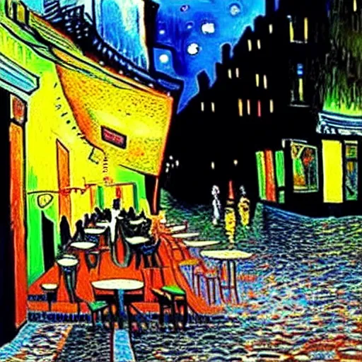 Image similar to Photo of Cyberpunk Cafe Terrace at night by Vincent Van Gogh in real life