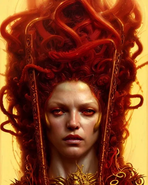 Prompt: fierce medusa in a red and golden robe, fantasy character portrait, ultra realistic, concept art, intricate details, highly detailed by greg rutkowski, gaston bussiere, craig mullins, simon bisley