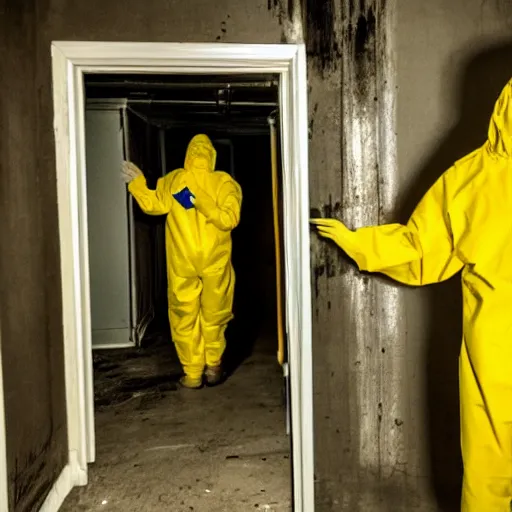 Image similar to a man wearing a yellow hazmat suit inside the very dark empty unsettling creepy backrooms, liminal space, flickering fluorescent lights, eerie mood