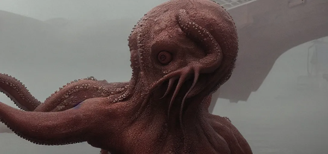 Prompt: an octopus in the shape of a [ [ [ human head ] ] ], foggy, cinematic shot, photo still from movie by denis villeneuve, wayne barlowe