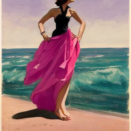 Prompt: woman, black dress in the middle of the beach, pink sea, leyendecker style