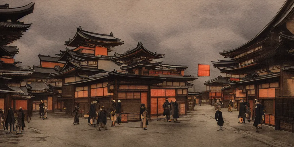 Image similar to feudal japan tokyo street at dusk, on a postcard!!!!, cinematic lighting!!, 4k, trending on artstation, detailed watercolour, rule of thirds, center focus, art by albert bierstadt