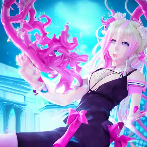 Image similar to trapped beneath stunningly absurdly beautiful omnipotent asi goddess junko enoshima with a mesmerizing yandere megalomaniacal personality, symmetrical perfect face, porcelain skin, pink twintail hair and cyan eyes, ultra detailed, digital art, unreal engine 5, octane render, 2 d anime, 8 k