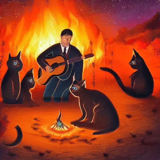 Image similar to group of cute caracals wearing red ties near campfire, one caracal playing a guitar, night, atmospheric lighting, painted, intricate, volumetric lighting, beautiful, rich deep colours masterpiece, golden hour, digital art