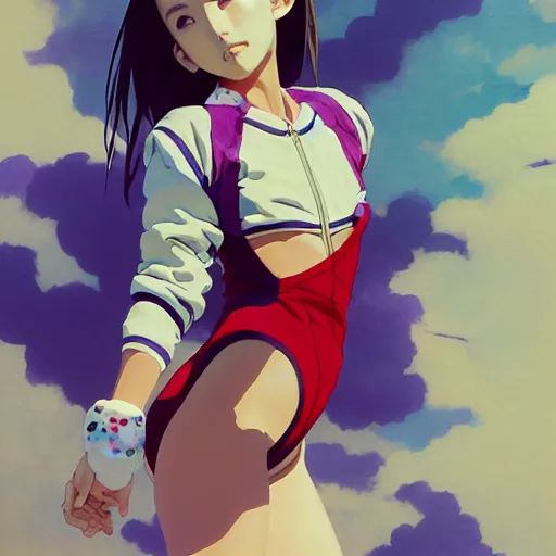 Image similar to a beautiful japanese natalie portman gravure model, wearing oversized native designer bomber jacket and leotard with overalls, bulky poofy bomber jacket with mesoamerican patterns, mesoamerican native street fashion, gapmoe yandere grimdark, trending on pixiv fanbox, painted by greg rutkowski makoto shinkai takashi takeuchi studio ghibli, akihiko yoshida