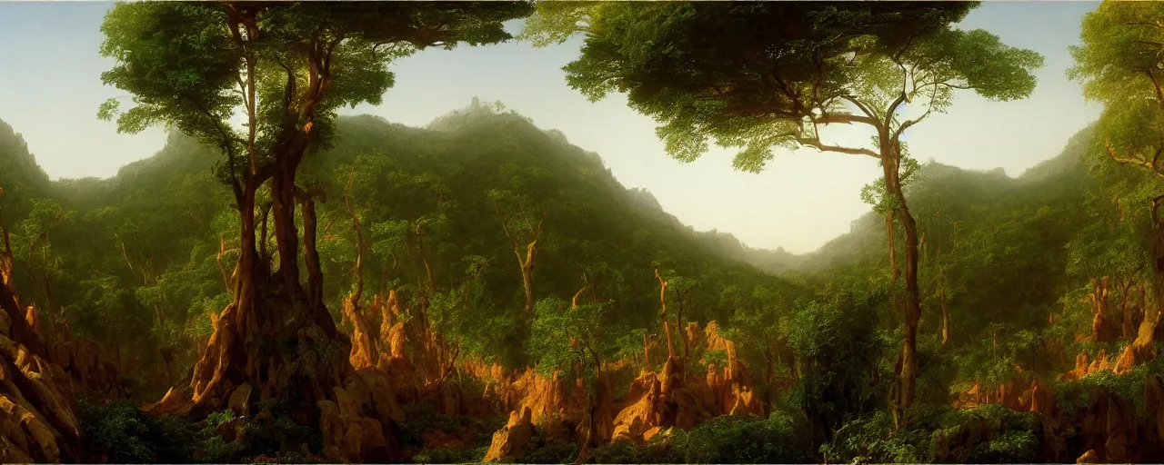 Prompt: On the left, the dark green forest full of primeval life force, by Thomas Cole, matte painting. The forest ends in the middle. On the right, the desert of sparkling sand dunes, by Jean-Leon Gerome, matte painting | a matte painting where the dark green ancient forest makes way for desert full of sparkling dunes on the right, landsape photography, the edge of the forest, national geographic, 8K | gradient of biomes