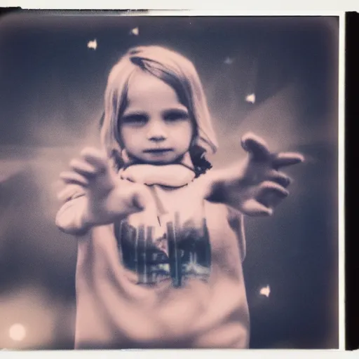 Image similar to a double exposed polaroid photo of a child controlling the galaxy, 5 0 0 px