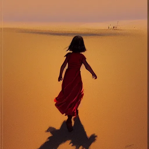 Prompt: a little girl with a red dress walking on the desert geog darrow greg rutkowski