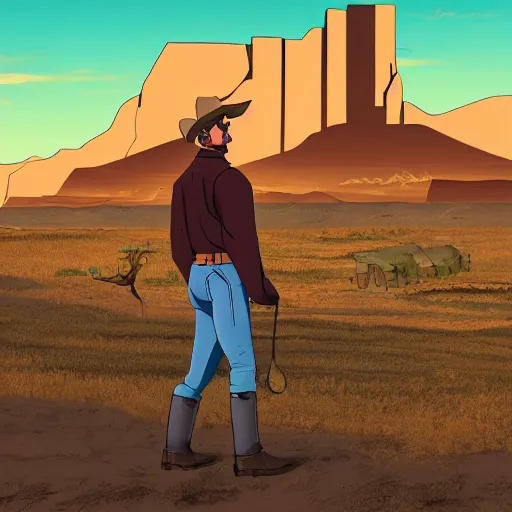 Prompt: cowboy on the range, beautiful New Mexico landscape, Art Deco, pulp noir, animated series, cel-shading, toon shading, unity, 8k, 4k, by Radomski