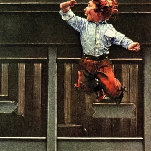 Prompt: close up portrait of dwarf jumping from balcony by norman rockwell, illustration, 5 0 mm lens,