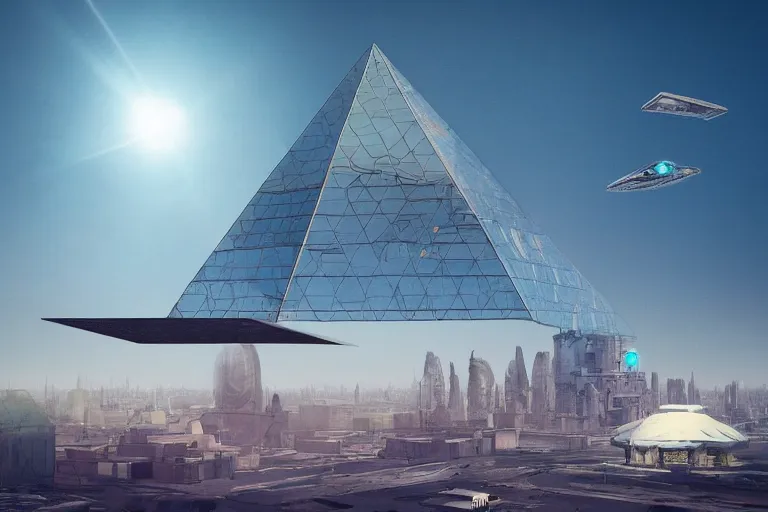 Image similar to concept art of levitating see through pyramid above a highly detailed mechanical landing pad, futuristic city in background, by beeple, artstation, CG society, blue skies