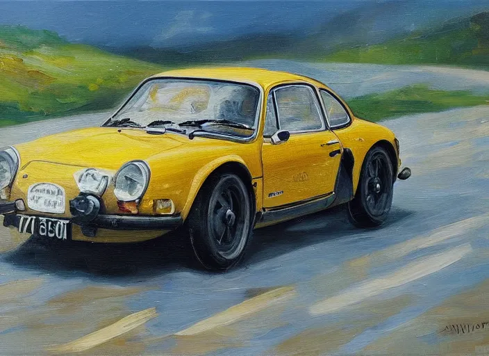 Prompt: an oil painting of a yellow alpine A110