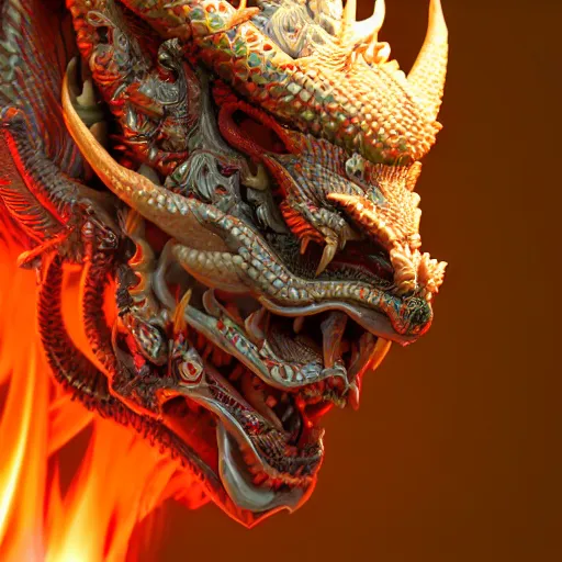 Prompt: a closeup portrait photo, alabaster and ruby real delicate ceramic porcelain sculpture of an ornate detailed humanoid dragon demon devil god in front of an intricate background by rafael, micro detail, backlit lighting, subsurface scattering, translucent, thin porcelain, fire, flames, amber, octane renderer, colorful, physically based rendering, trending on cgsociety