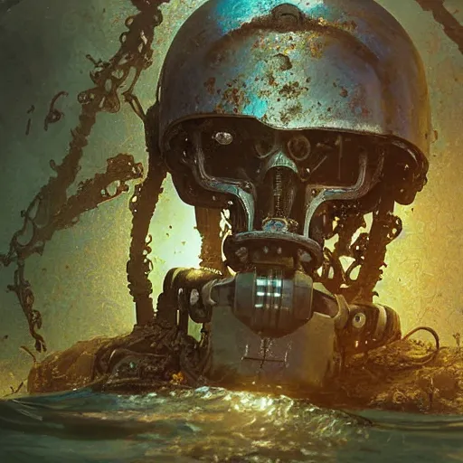 Prompt: a photograph of a robot endoskeleton submerged and rusted in the water, cinematic, volumetric lighting, f 8 aperture, cinematic eastman 5 3 8 4 film, photorealistic by greg rutkowski, by stanley artgerm, by alphonse mucha