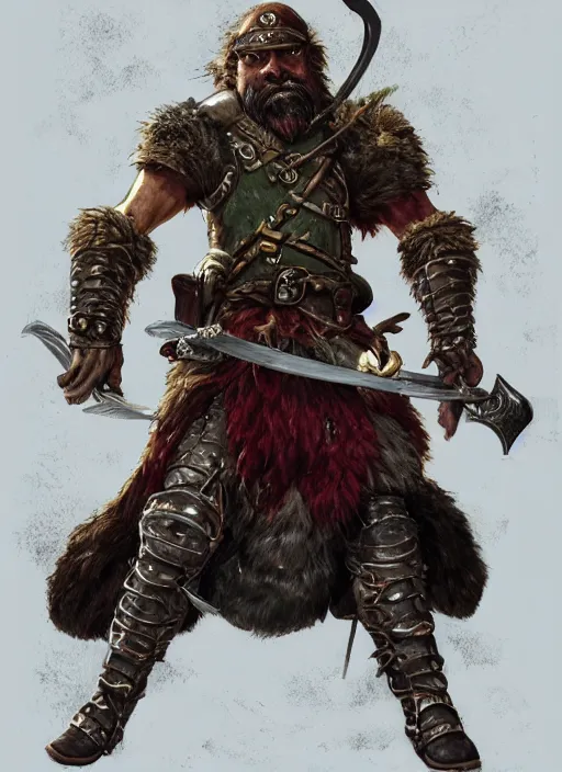 Image similar to strong young man, photorealistic bugbear ranger holding sword, fire magic, black beard, dungeons and dragons, pathfinder, roleplaying game art, hunters gear, jeweled ornate leather and steel armour, concept art, character design on white background, by norman rockwell, makoto shinkai, kim jung giu, artstation trending, poster art, colours red and green