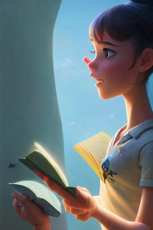 Image similar to highly detailed portrait of beautiful girl reading a book in toy story 3, dynamic pose, stephen bliss, unreal engine, fantasy art by greg rutkowski, loish, rhads, ferdinand knab, makoto shinkai and lois van baarle, ilya kuvshinov, rossdraws, tom bagshaw, global illumination, radiant light, detailed and intricate environment