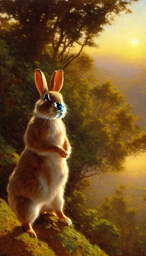 Image similar to hyper realistic rabbit looking off of a cliff, sun setting behind rabbit, lush forest in valley below, painted by gaston bussiere, craig mullins, j. c. leyendecker 8 k