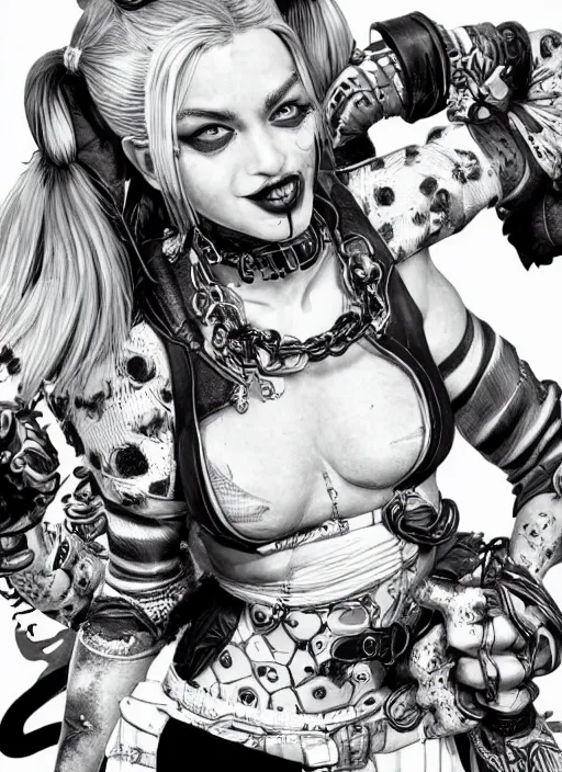 Prompt: highly detailed ink illustration of harley quinn, unreal engine, octane render, b & w clean shaped illustration by kim jung gi, ron english and eiichiro oda