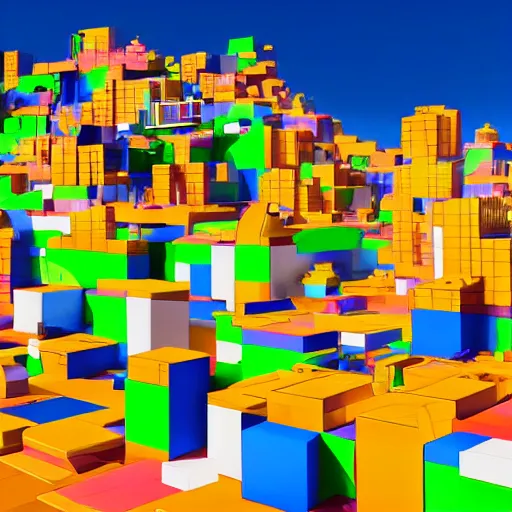 Image similar to futuristic city on a mountainside, colorful city, q - bert blocks, colorful blocks on hillside, 3 d blocks, cel - shading, cel - shaded, 2 0 0 1 anime, bright sunshine