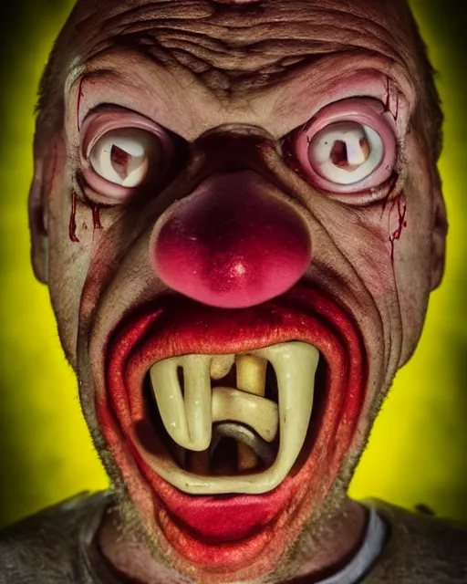 Image similar to portrait of an ugly old possessed clown crying. ugly, creepy, demonic, horror. cinematic lighting. photographic, photography. by justin roiland