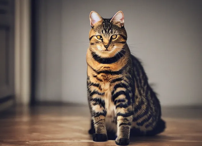 Image similar to photography of a Cat sitting on a box. in a room full of posters, photorealistic, raining award winning photo, 100mm, sharp, high res