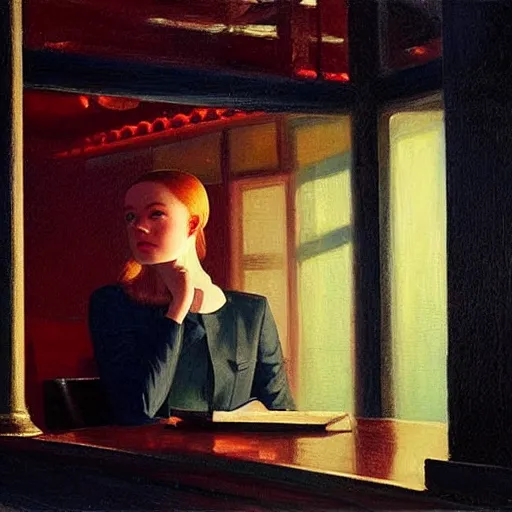 Prompt: Elle Fanning alone at a bar in the world of Edward Hopper, stormy weather, extremely detailed masterpiece, oil on canvas, low-key neon lighting, artstation, Blade Runner 2049, Roger Deakin’s cinematography, by J. C. Leyendecker and Peter Paul Rubens,