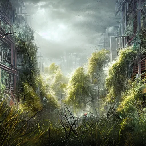 Image similar to overgrown foliage overtaking tall destroyed buildings, biopunk, scenery, professional, award - winning, trending on artstation, detailed, realistic, beautiful, emotional, shiny, golden, picture, antview, close - up