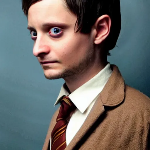 Image similar to a man looking like elijah wood and tobey maguire, starring as harry potter in the next movie of the franchise, highly detailed, high quality