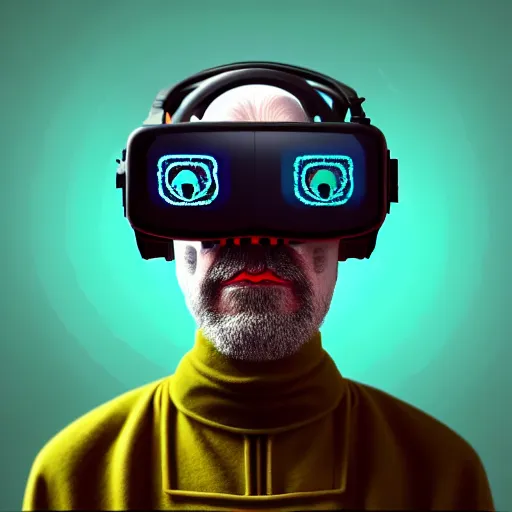 Prompt: Colour Photography of 1000 years old man with highly detailed 1000 years old face wearing higly detailed cyberpunk VR Headset designed by Josan Gonzalez . in style of Josan Gonzalez and Johannes Vermeer and Mike Winkelmann. Rendered in Blender