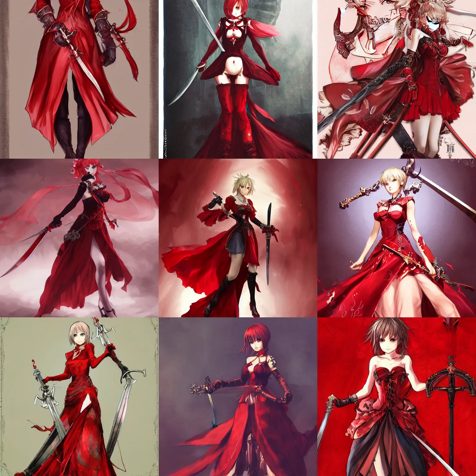 Prompt: a woman in a red dress holding two swords, a character portrait by Akihiko Yoshida, pixiv contest winner, vanitas, official art, 2d game art, polycount