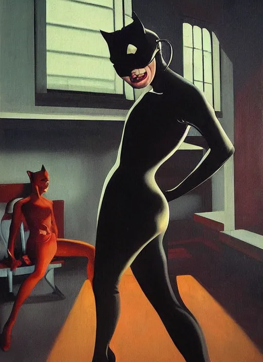 Prompt: catwoman in latex with hysterical facial expression at the art deco hospital painting by Edward Hopper and James Gilleard, Zdzislaw Beksinski highly detailed