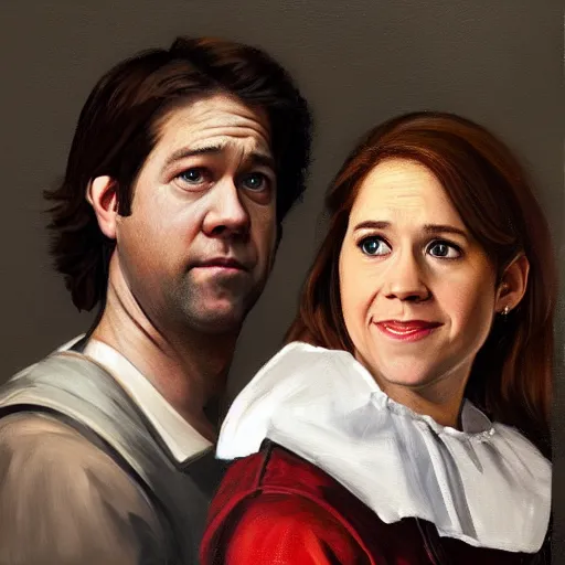 Image similar to portrait painting of jim halpert and pam beesly, in the style of caravaggio