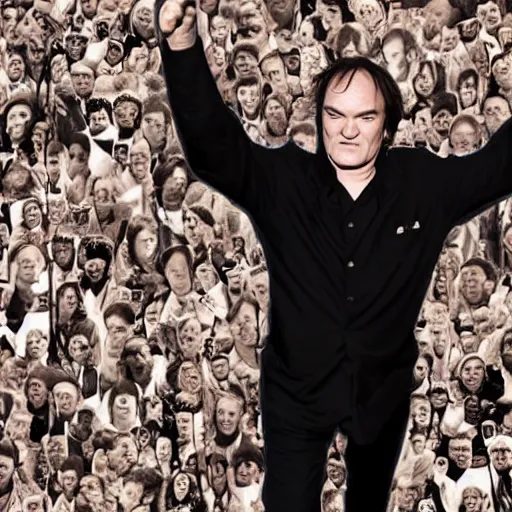 Prompt: quentin tarantino pointing at hundreds of human feet