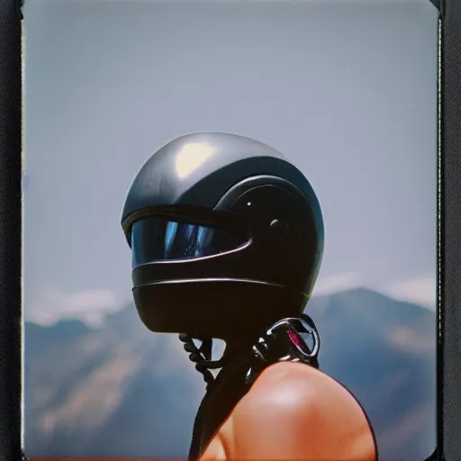 Prompt: polaroid photo of cyborg velociraptor with helmet on his head made of black onyx, huge mountains on the background